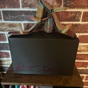 Betsey Johnson Rainbow Crystal mules. leopard heels. 3 1/2 heel shoe bags .